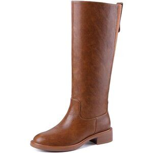 Women's A-brown Round Toe Wide Calf Chunky Low Heel Pull Knee High Boots Rubber